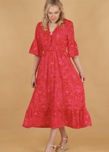 Tropical Leaf Print Dress - Red